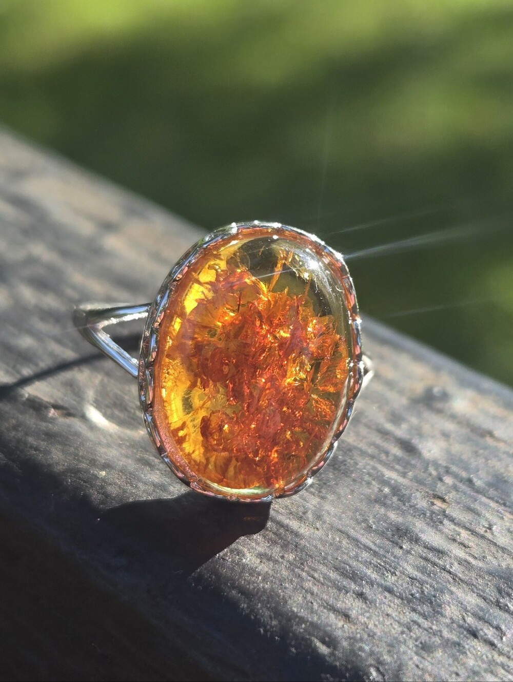 Honey Baltic Amber Crown Silver Ring Adjustable
